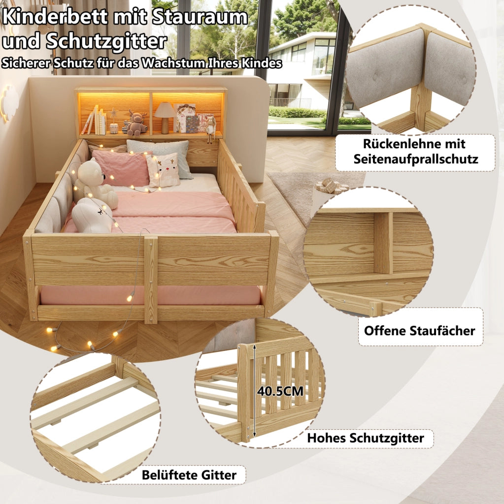 Letto per bambini 90x200 cm con sponde; testiera con spazio contenitore e luci LED; naturale