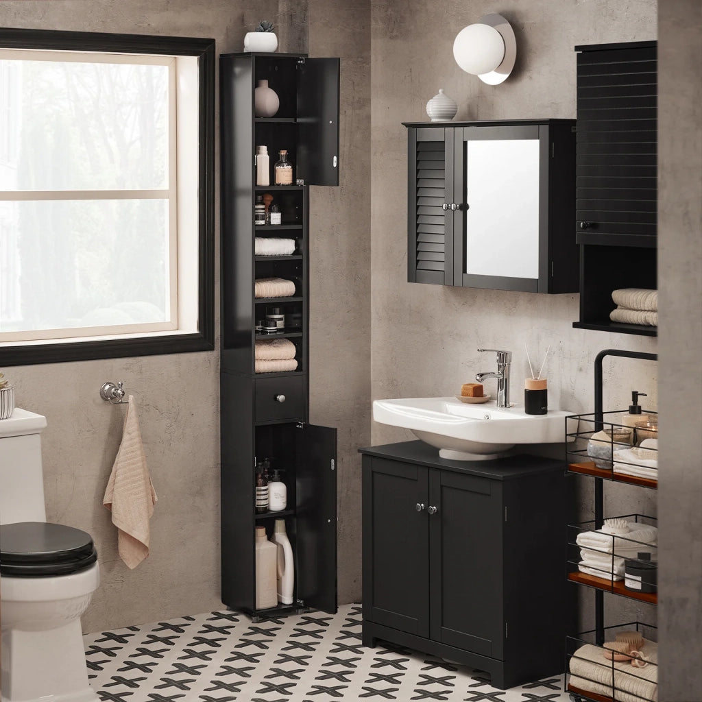 Armadio Colonna bagno, Mobile bagno alto con 2 Ante e 1 cassetto altezza: 180 cm Nero BZR34-SCH