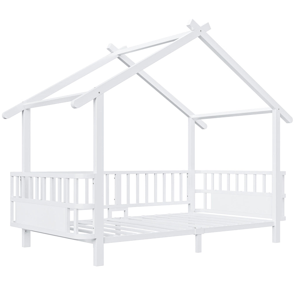 Letto per bambini 90x200 cm con barriera di sicurezza e struttura a casetta in metallo bianco