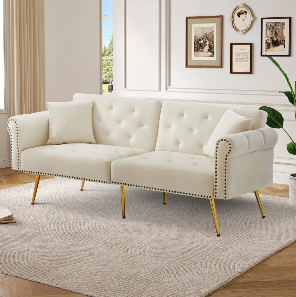 Divano letto 2 posti in velluto beige con schienale regolabile; 173x75x70 cm
