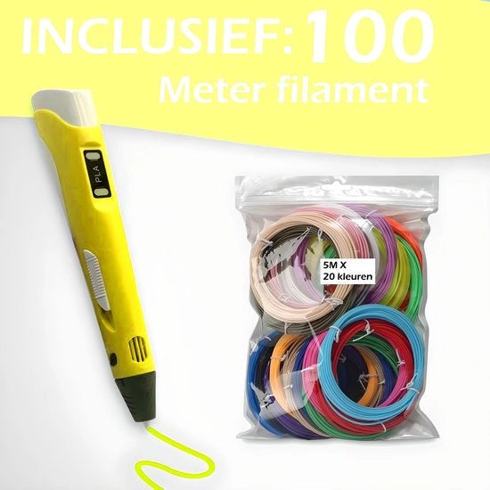 Kit di partenza per pennelli 3D - Pennello 3D con controllo di temperatura - Kit di partenza per pennelli 3D con 23 tipi di riempimento/filamento XXL da 100m - Giallo