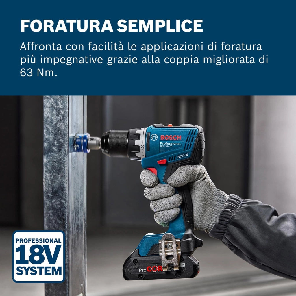 Bosch Professional 18V System Trapano-avvitatore a batteria GSR 18V-65 (motore brushless, lunghezza della testa 166, incl. 2 batterie GBA 4.0Ah, 82AC, L-Case)
