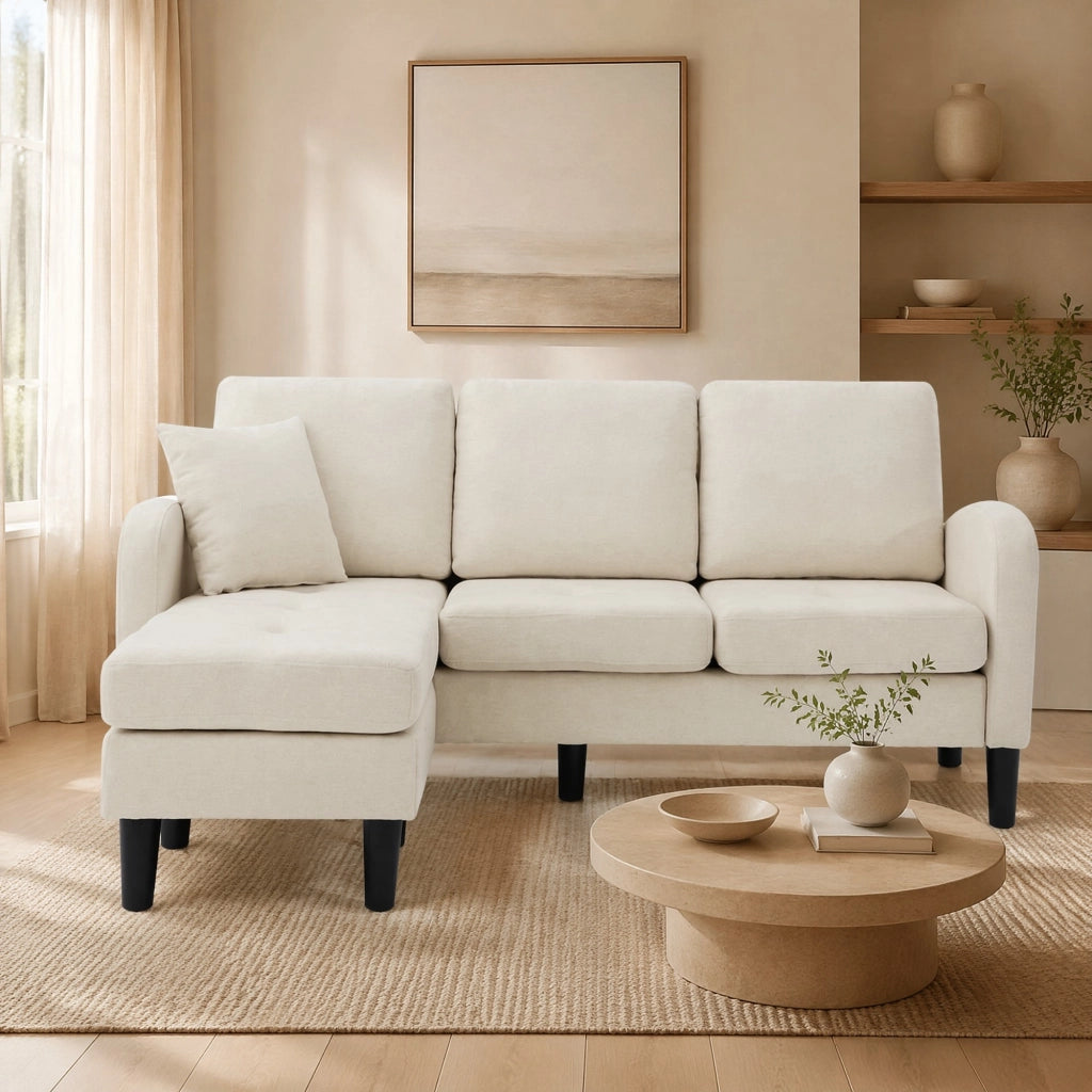 Sofa angolare modulare con chaise longue 166 x 118 x 77 cm; beige chiaro in tessuto effetto lino