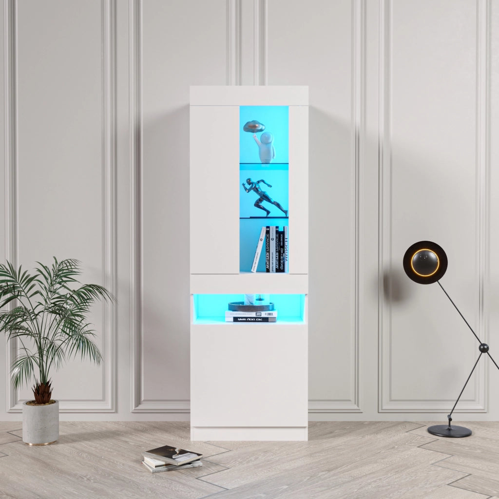 Credenza alta con ripiani in vetro LED USB e ante per soggiorno e ufficio in truciolato bianco 50 × 40 × 180 cm