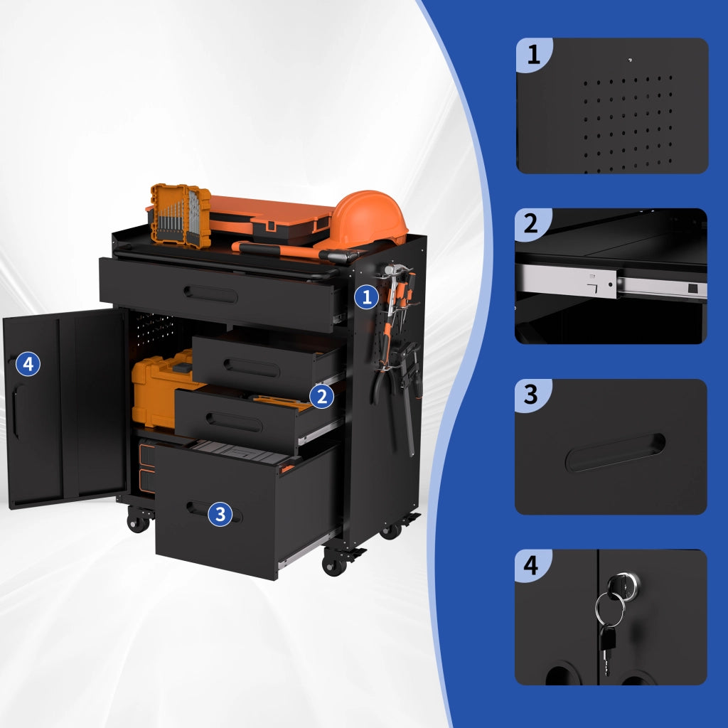 Mobile contenitore con anta chiudibile e 4 cassetti; ruote con freno per garage e officina; in metallo; 75×42×87.3 cm