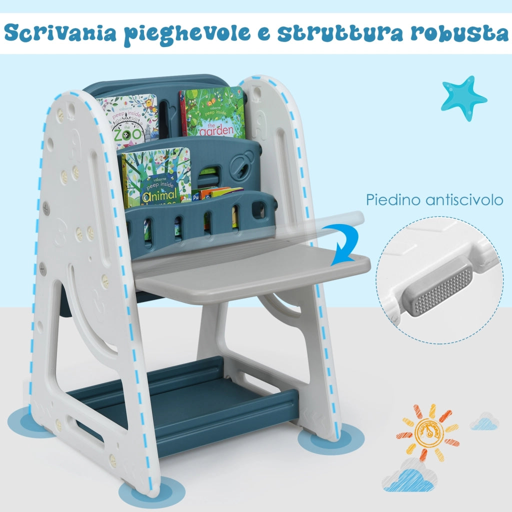 Cavalletto per dipingere 2 in 1 per bambini, Lavagna double face e libreria per bambini con sedia, Blu