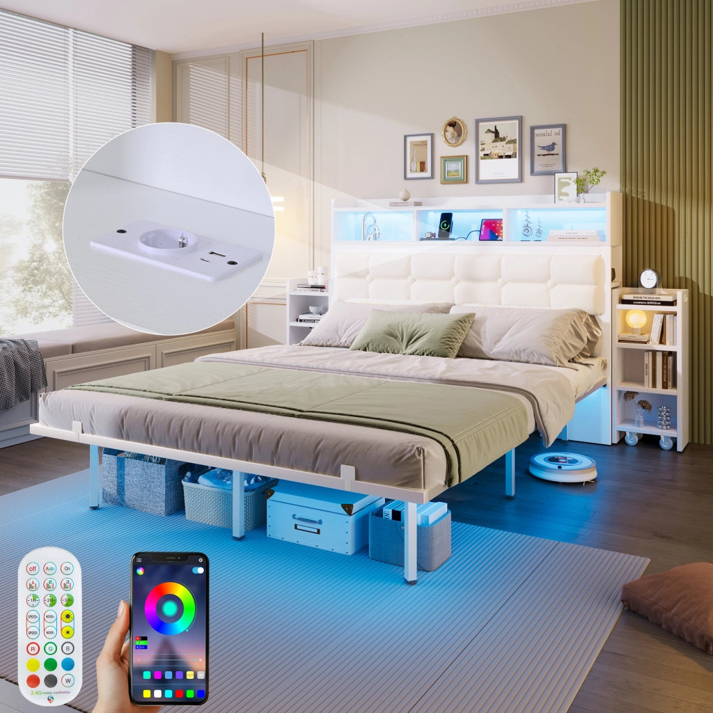 Letto matrimoniale 140 × 190 cm con LED, USB e Type-C, 2 comodini estraibili, senza materasso, in metallo, bianco