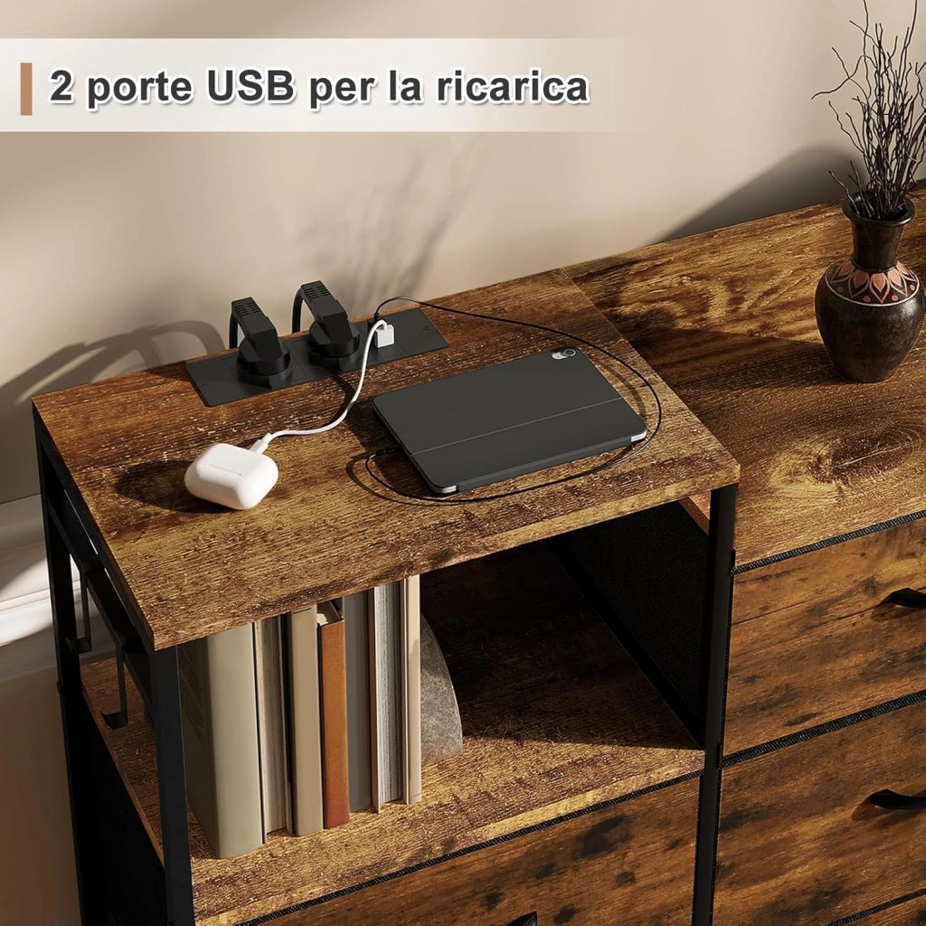 Cassettiera a 8 Cassetti in Tessuto, Cassettiera per Camera da Letto, con Sezione di Ricarica e Ganci, Piani Legno e Struttura in Metallo, Rovere Vintage+Nero