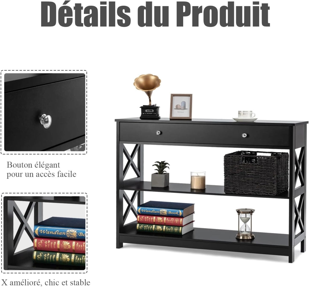 Ingresso per ingresso, console da ingresso stretta a 3 livelli con ampio cassetto per chiavi, orologi e gioielli, mobile ingresso per soggiorno e camera da letto, 100 x 30 x 80 cm (nero)