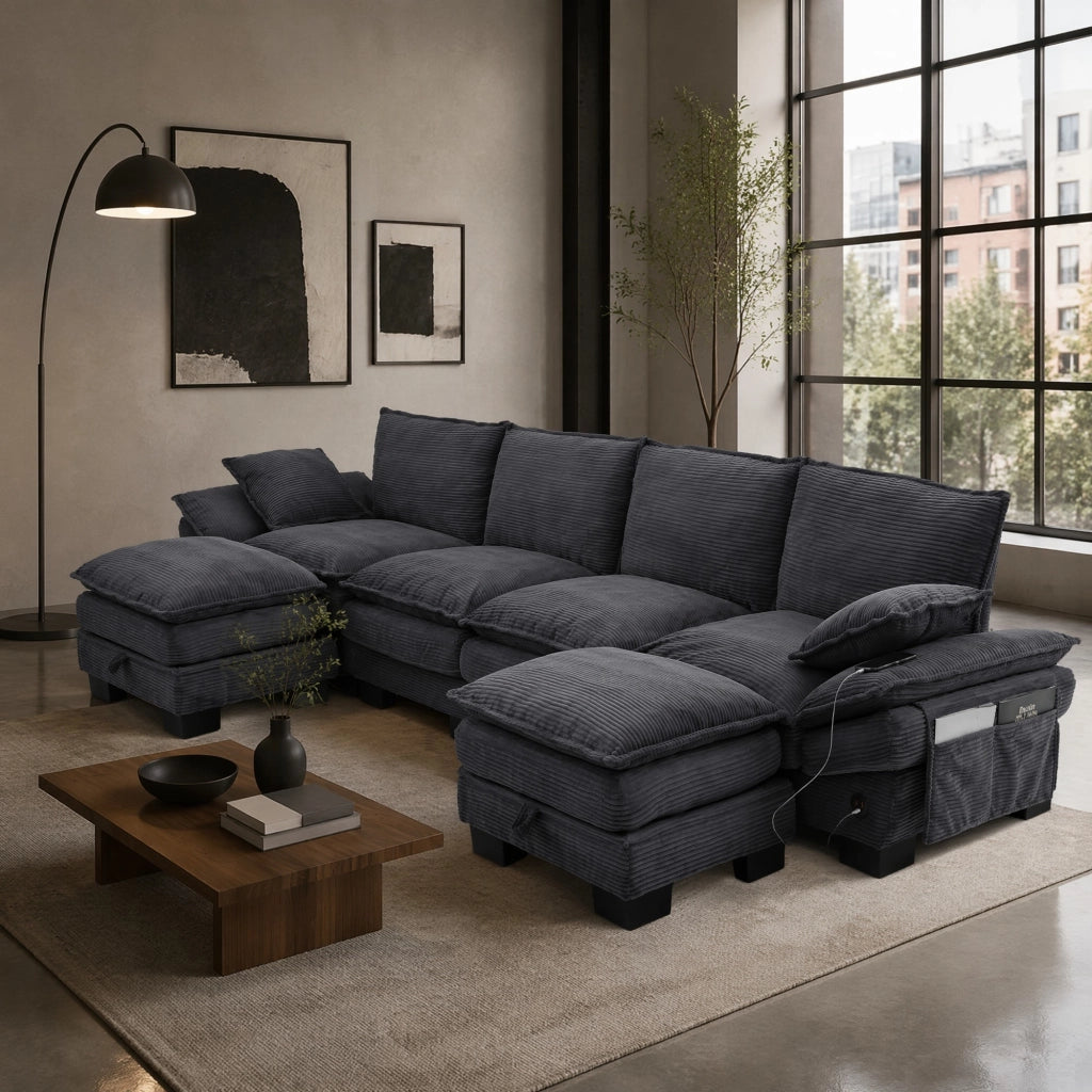 Divano Dritto 4 Posti con Pouf e Tasche Laterali, USB-C, in Corduroy, Grigio Scuro