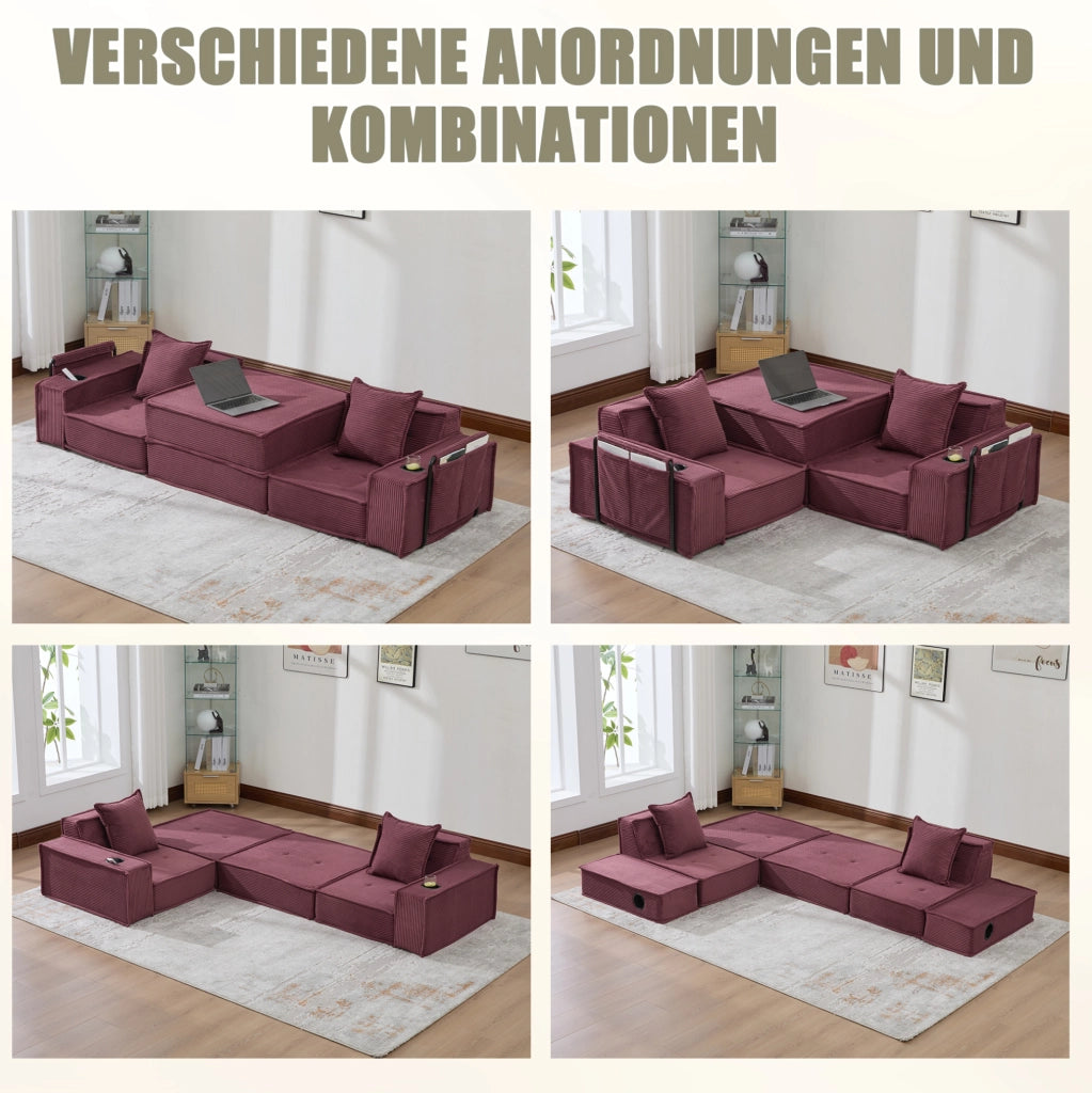 Divano 2 posti modulare 162x78x66 cm in velluto a coste con tasche laterali; rosso vino