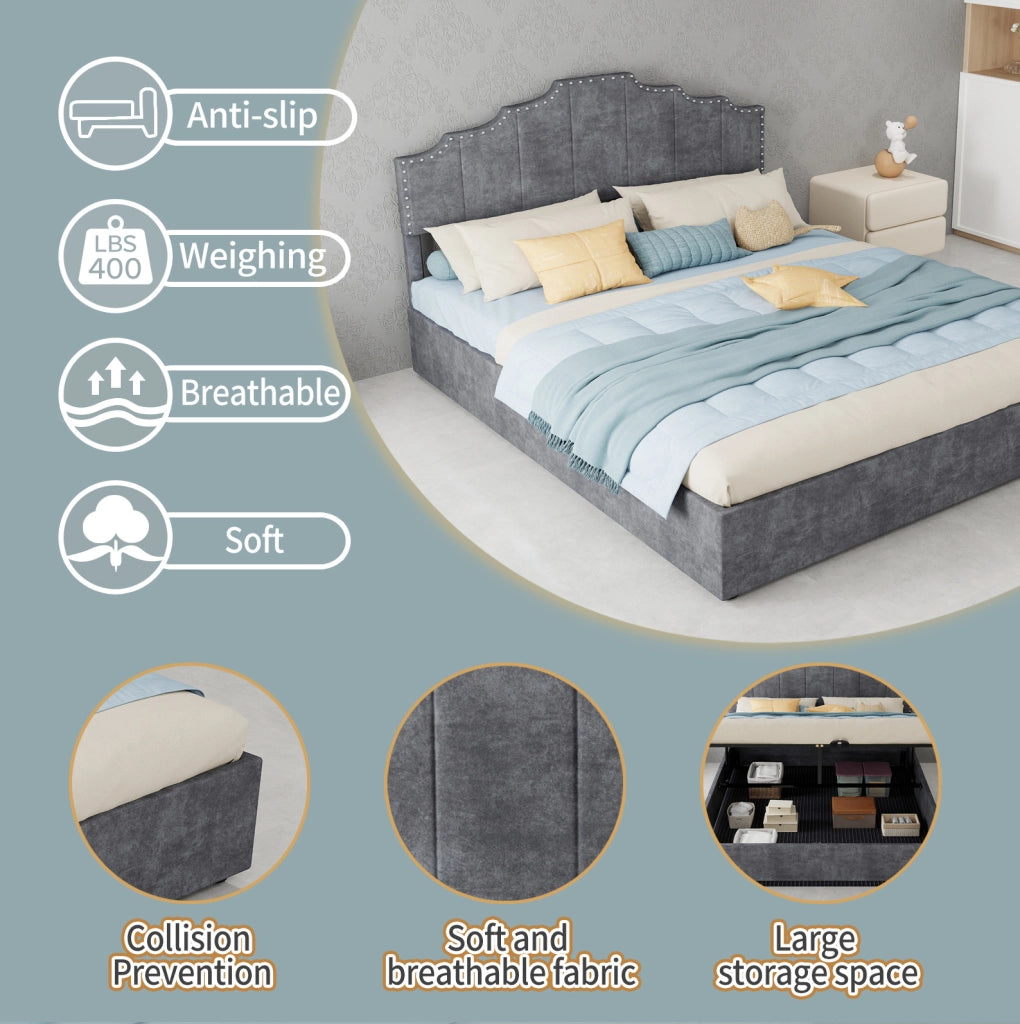 Letto matrimoniale 160x200 cm grigio in tessuto e metallo