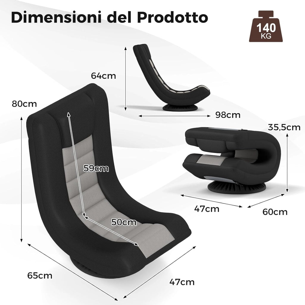 Sedia da Pavimento Pieghevole, Girevole a 360°, Sedie da Terra con 4 Posizioni Regolabili, Sedia per Lettura Gaming, Portata 140 kg (Grigio)