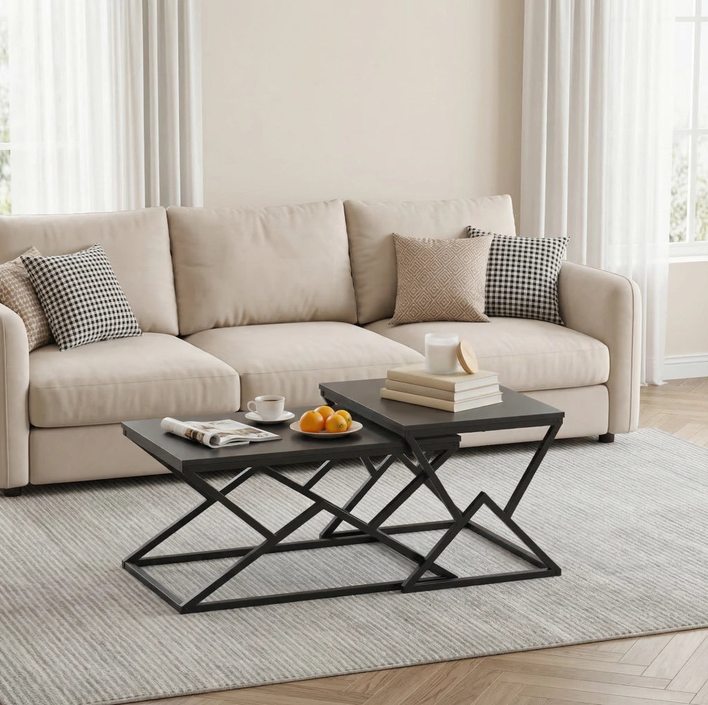 Tavolino da caffè 80x50x40 cm con struttura geometrica in metallo e truciolato nero