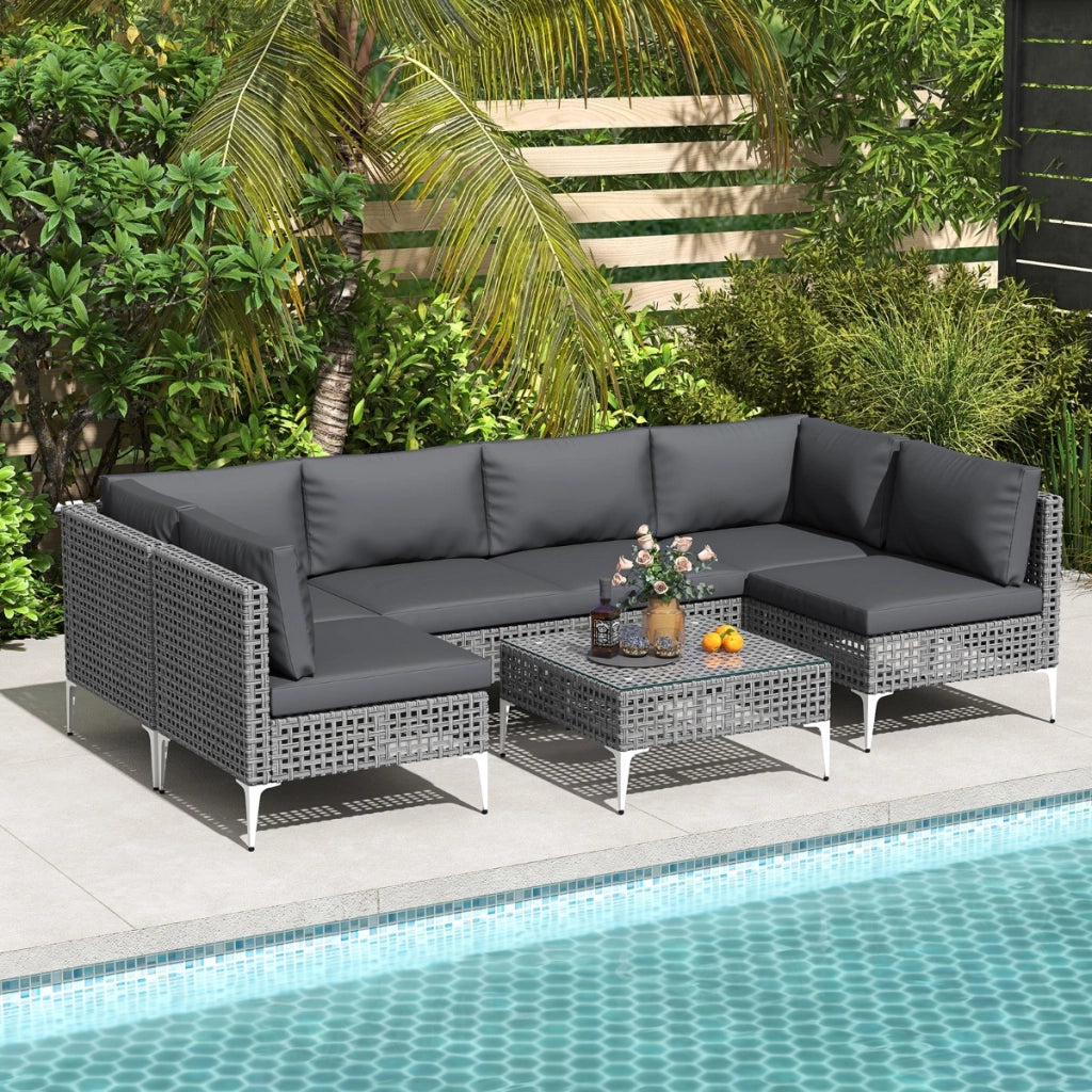 Sedie in rattan per patio con tavolino da gaff¨¨ in vetro temperato per giardino-Set di mobili da esterno 7 pezzi con cuscini Grigio