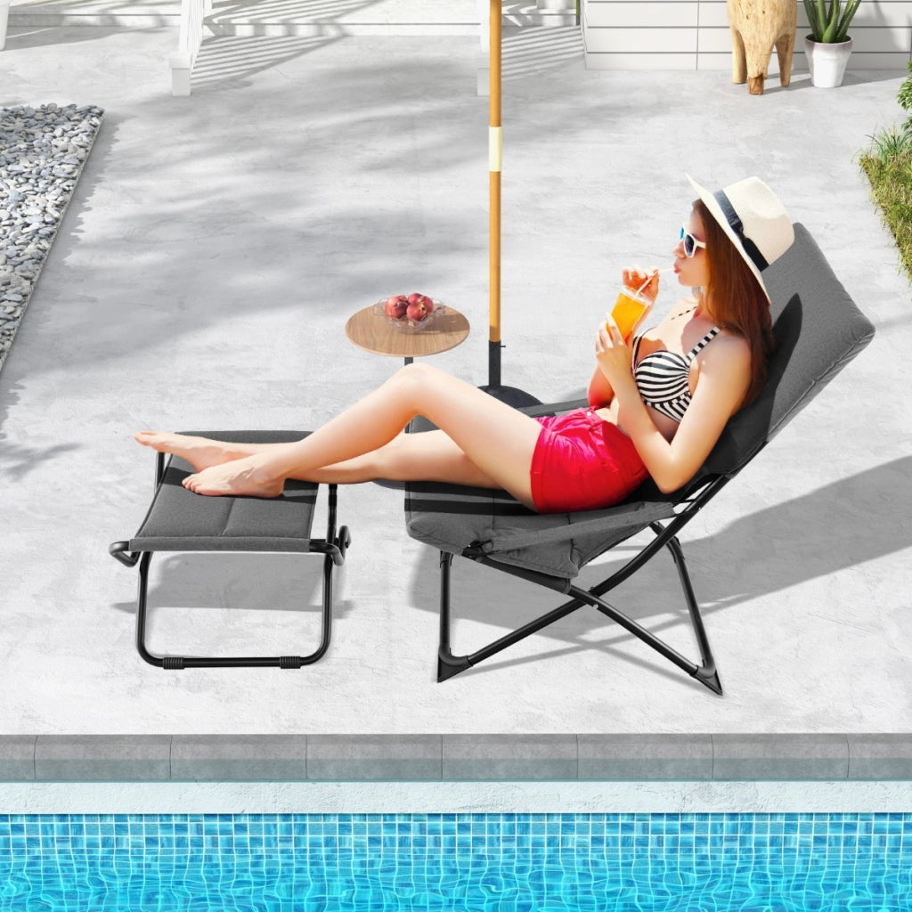Sedia a sdraio pieghevole da patio con poggiapiedi e cuscino rimovibile, Sedia da esterno portatile Grigio