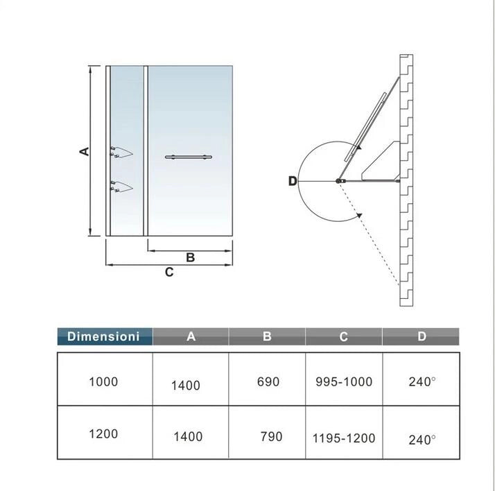 120x140 cm Parete Doccia Per Vasca Girevole 240° Vetro Temperato 6 mm Trasparente Inclusi Due Ripiani Maniglia Portasciugamani Telaio Cromo Lucido