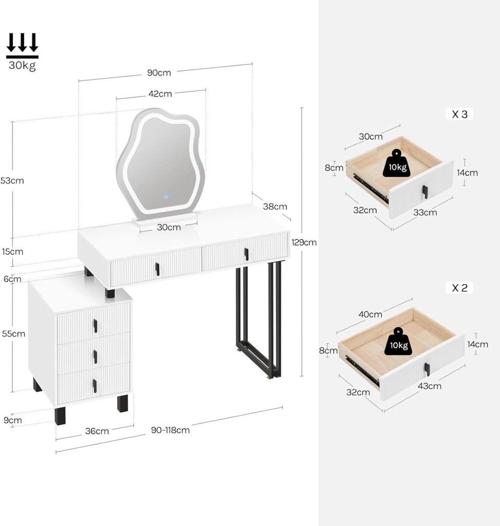 Toeletta con Luce LED, Luminosità Regolabile, Specchio a Nuvola, Piano Lucido, 5 Cassetti in Legno Massiccio, 1 Cassettiera, Moderno, Bianco e Nero, MB6118ws