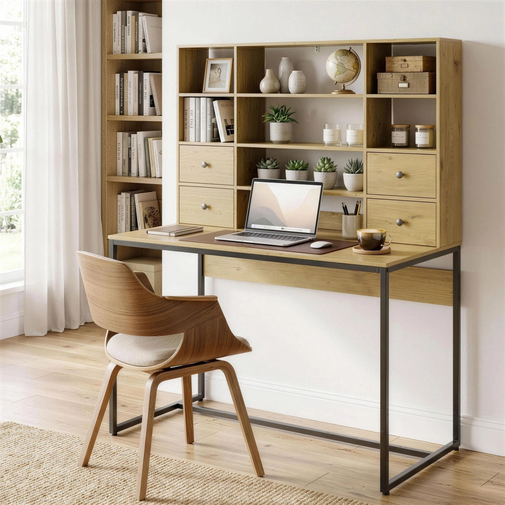 Scrivania computer 105 cm con 4 cassetti e mensole regolabili, colore legno naturale, pratica e salvaspazio per casa e home office