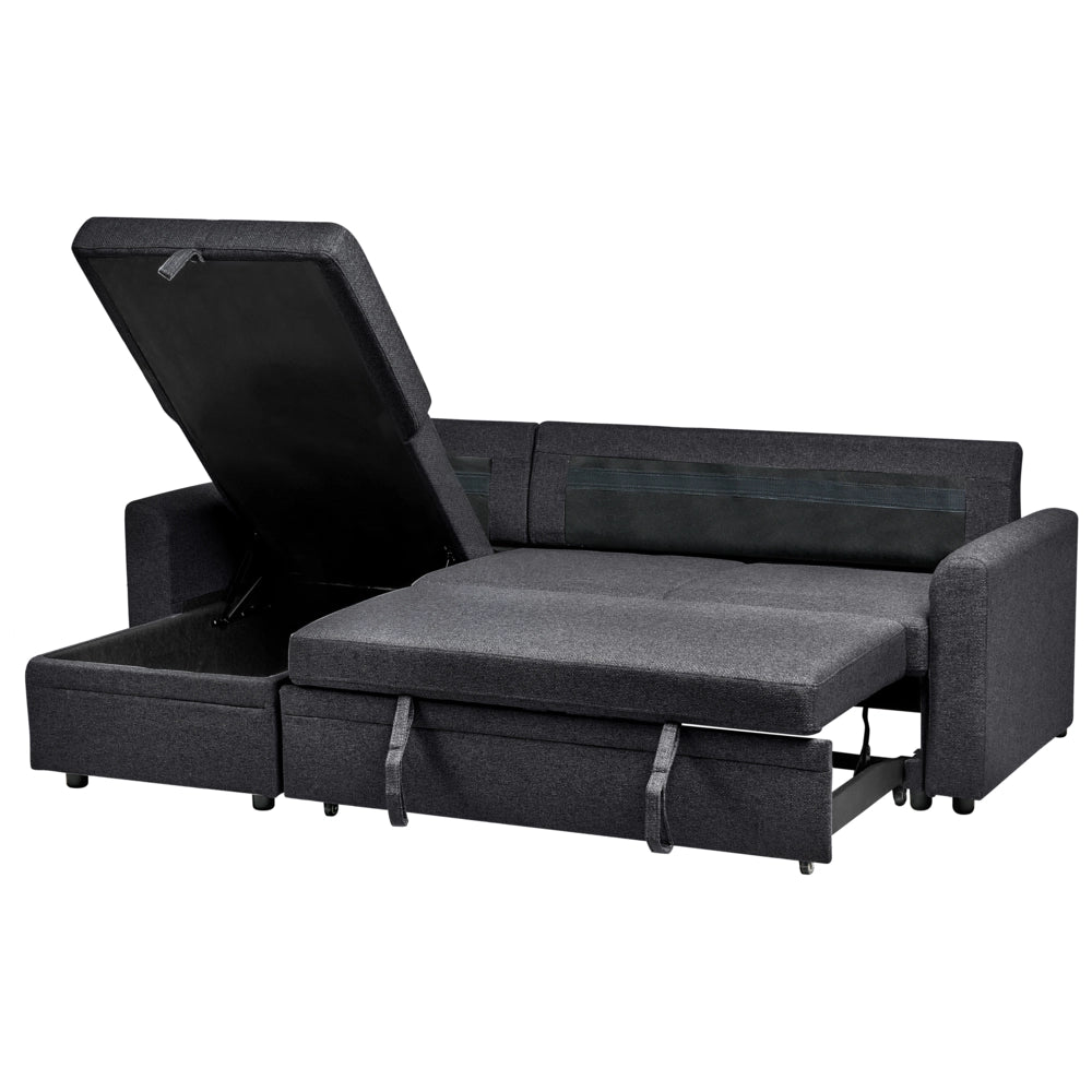 Divano letto angolare con contenitore lato destro nero rivestimento in poliestere effetto lino contenitore cuscini design moderno