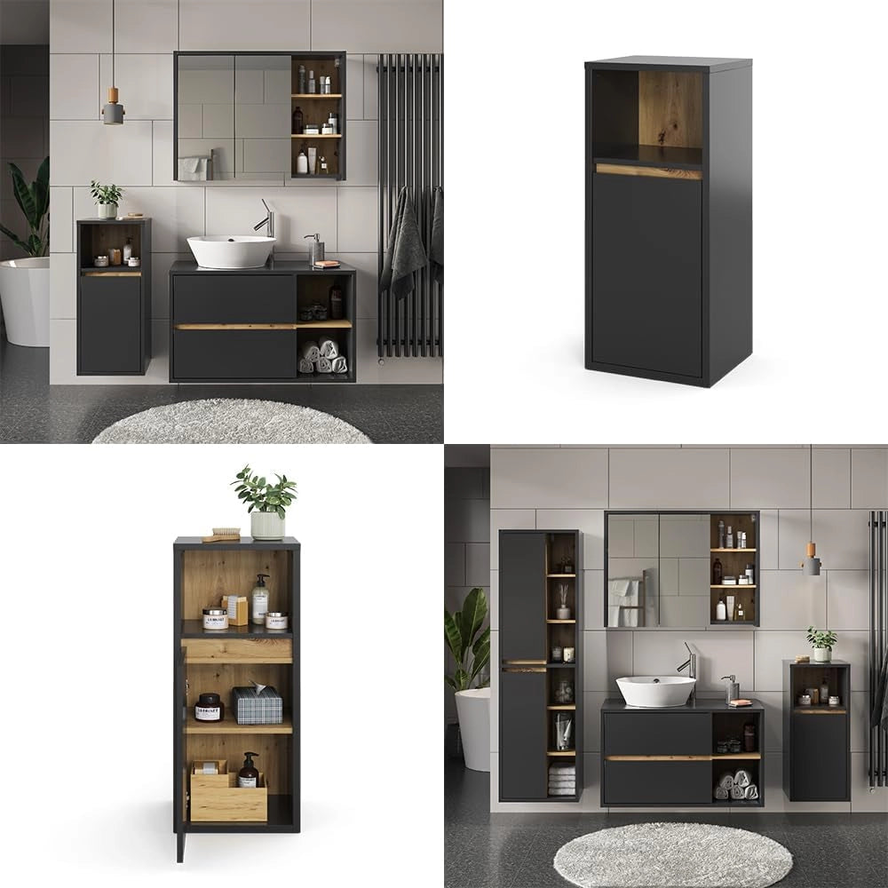Mobiletto bagno Viola, Antracite, 33 x 80 cm, per montaggio a parete con vani a giorno e vani chiusi