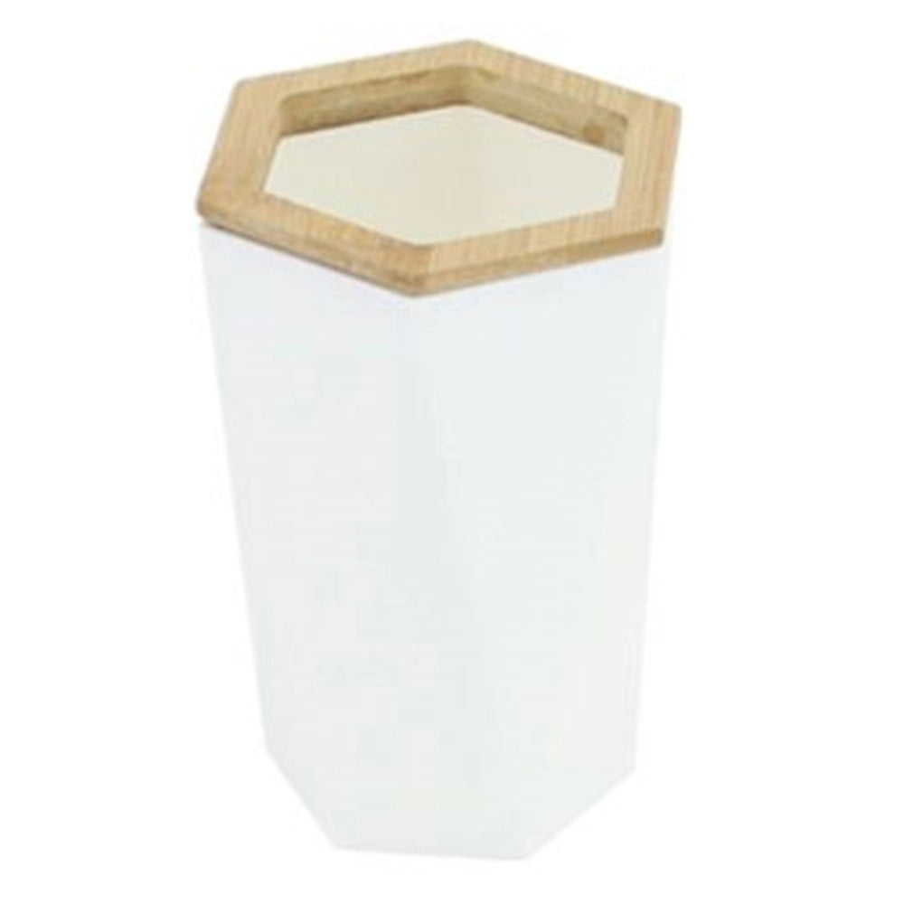 Trade Shop - Bicchiere Porta Spazzolini A Cilindro Esagonale Geometrico Bianco Legno Da Bagno 10837 -