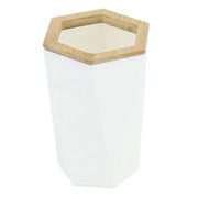 Trade Shop - Bicchiere Porta Spazzolini A Cilindro Esagonale Geometrico Bianco Legno Da Bagno 10837 -