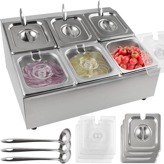 Stazione di Condimento per Pizza con 6 Pannelli in Acciaio Inox e Supporto per Bancone - Set di Contenitori per Buffet per Cucina e Ristorante - Organizzatore di Salse e Giusti.