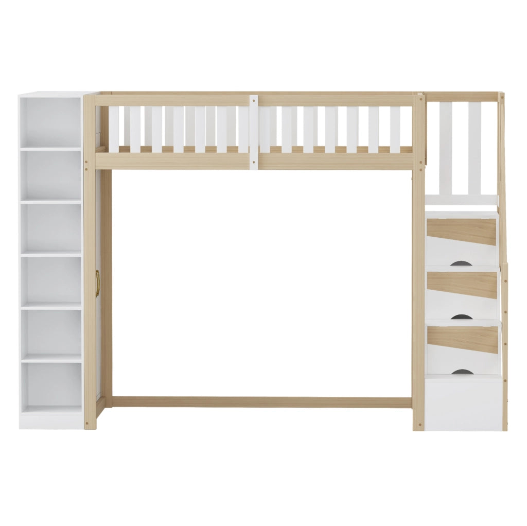 Letto a soppalco 90x200 cm con armadio; scaffali e scala con vani; bianco e legno naturale