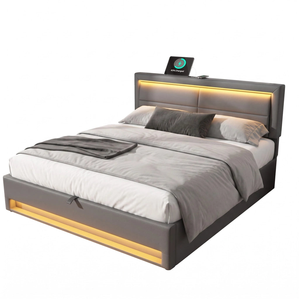 Letto imbottito 140x190 cm in PU grigio con USB, LED e contenitore