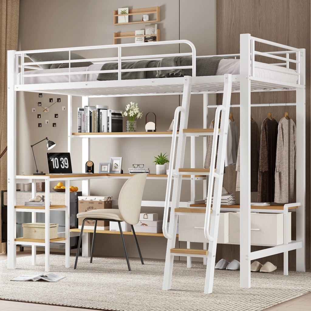 Letto a castello in ferro e MDF bianco e naturale con scrivania scaffale e due scatole tessili 90x200cm