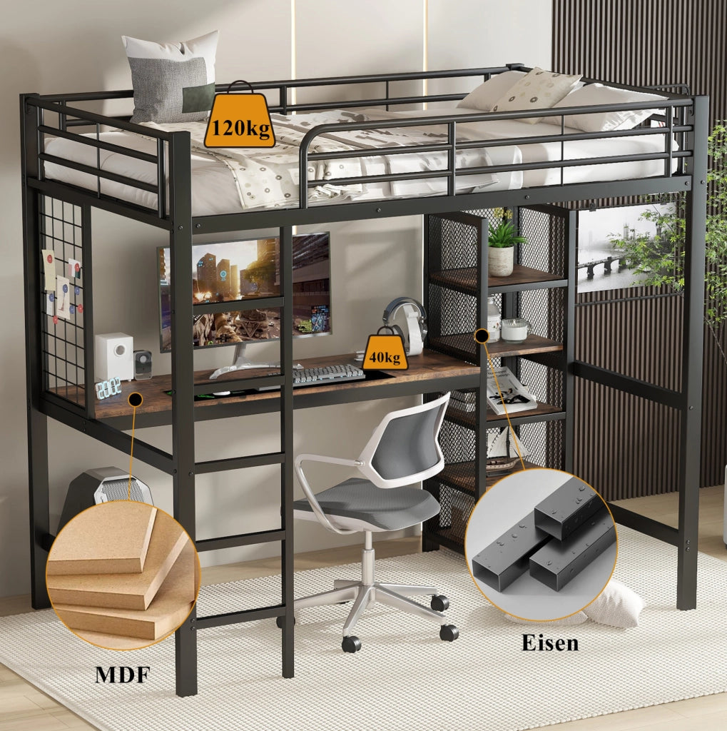 Letto a soppalco 90x200 cm con scrivania e scaffale
