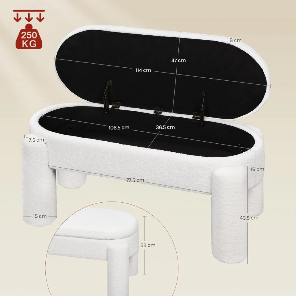 Panca Contenitore, Panca Imbottita in Tessuto Teddy, 114x47x53 cm, Poggiapiedi Divano, per Camera da Letto, Soggiorno, Ingresso, Portata 250 kg, Moderno, Bianco