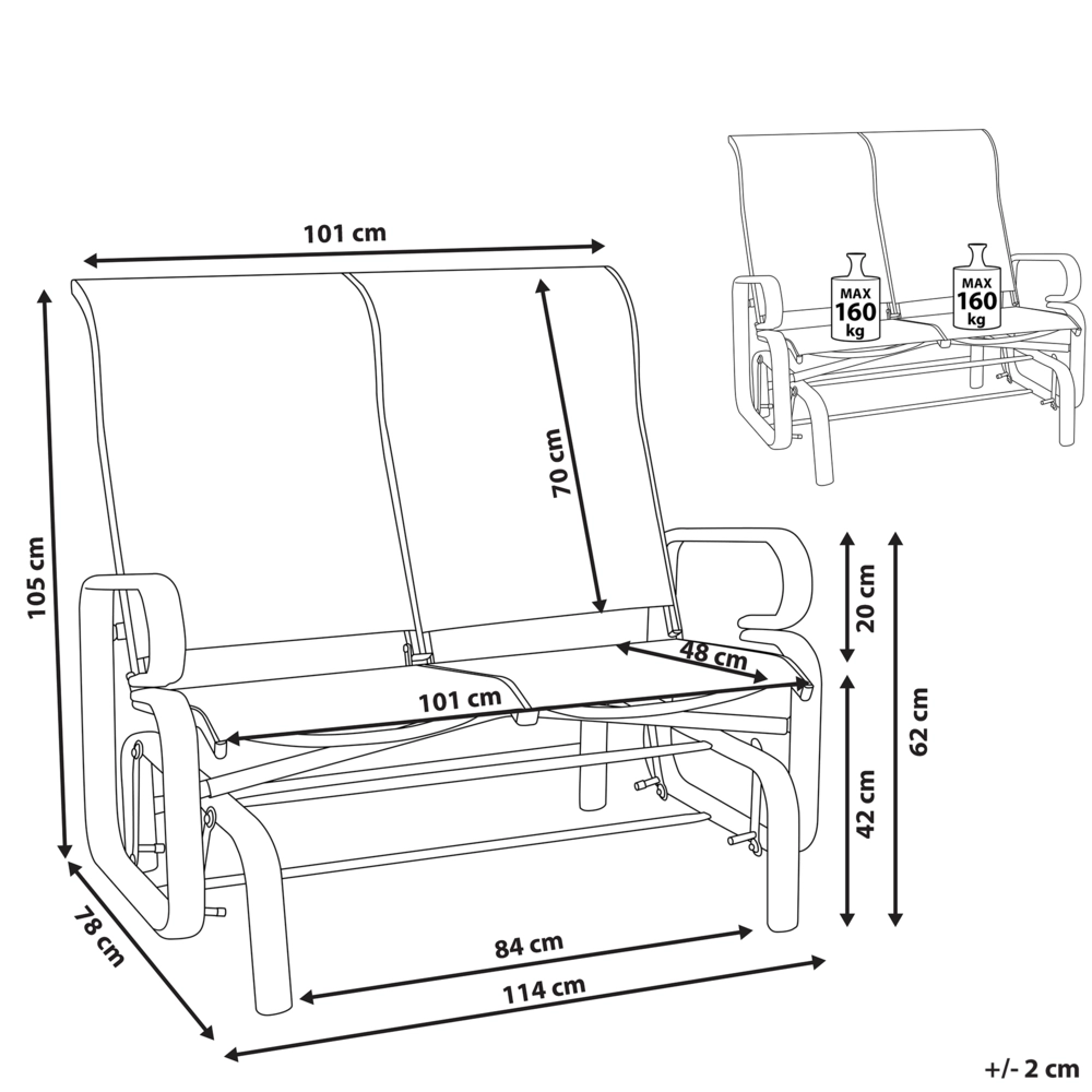 Panca a dondolo da giardino con struttura in alluminio marrone per esterni a 2 posti