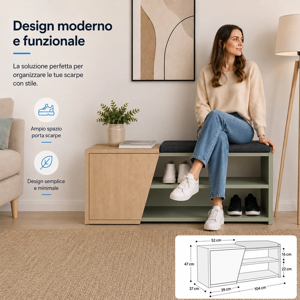 Panca Scarpiera Ingresso Casa 2 Ripiani Porta Scarpe con Anta e Cuscino Verde