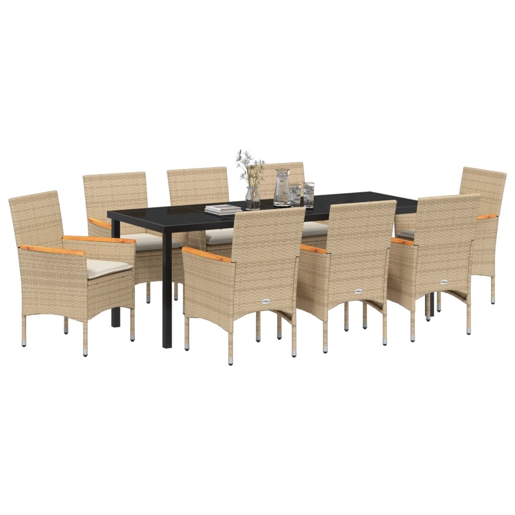 Set da Pranzo da Giardino 9 Pezzi con Cuscini Polyrattan Beige