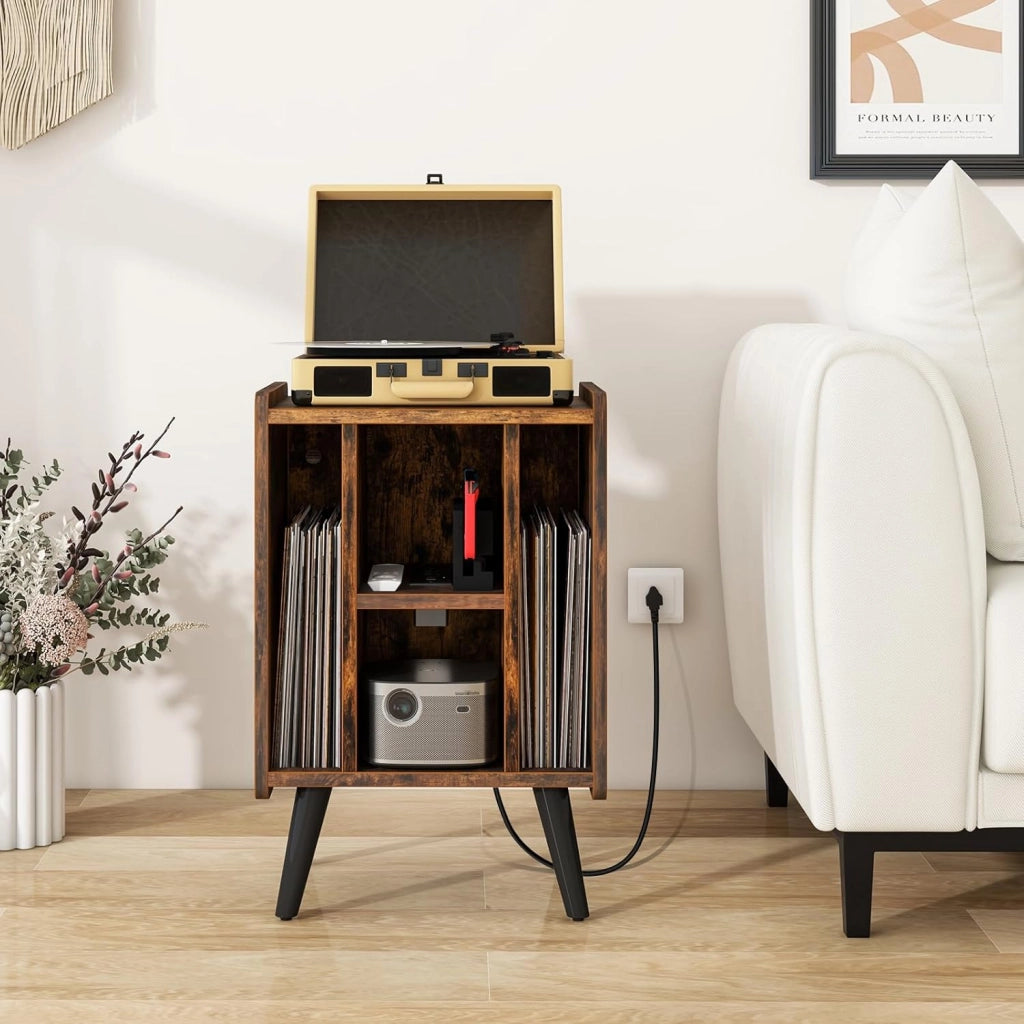 Tavolino da Letto Mobile Giradischi con Base di Ricarica, Comodino Camera da Lettocon Scomparti in Vinile, Comodino Smart per Soggiorno, Camera da Letto, Marrone, 43x34,5x67,5 cm