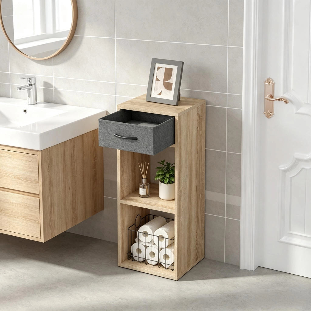 Libreria a cubi da terra con cassetto, 3 ripiani, legno ingegnerizzato, grigio/rovere chiaro