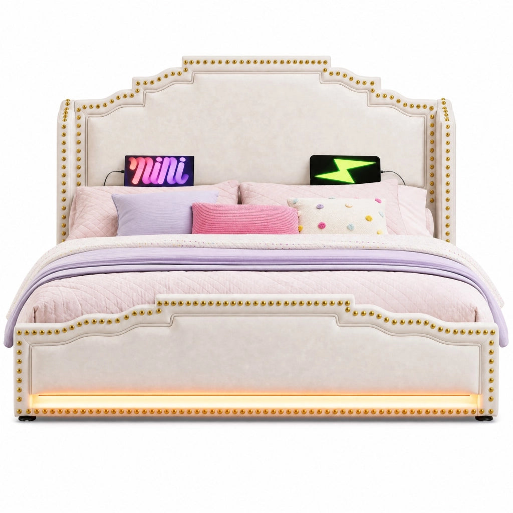 Letto matrimoniale 140x200 in velluto beige con 4 cassetti, LED, porte USB e Type-C, senza materasso