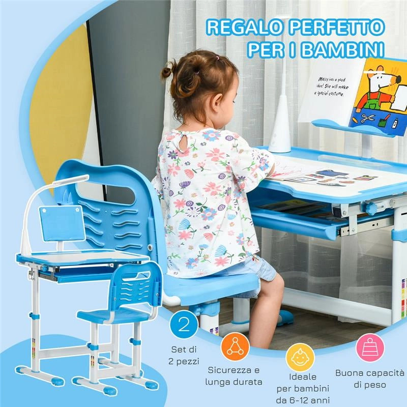 BANCO SCUOLA CON SEDIA BAMBINI 6-12 ANNI ALTEZZA E INCLINAZIONE REGOLABILE BLU