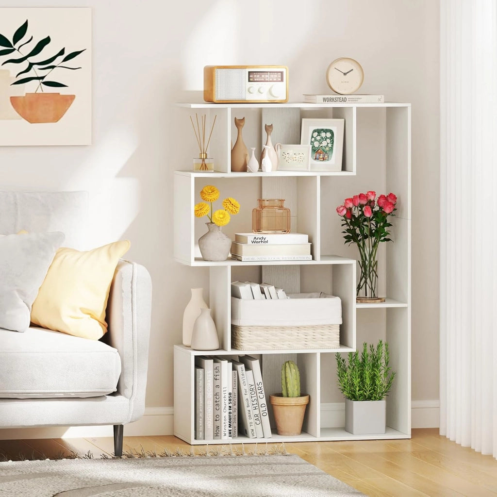 Libreria Geometrica Aperta, Scaffale a 6 Cubi con Kit Anti-Ribaltamento, Mensola Espositiva per Camera da Letto Studio Soggiorno, 80 x 30 x 119 cm (Bianco)