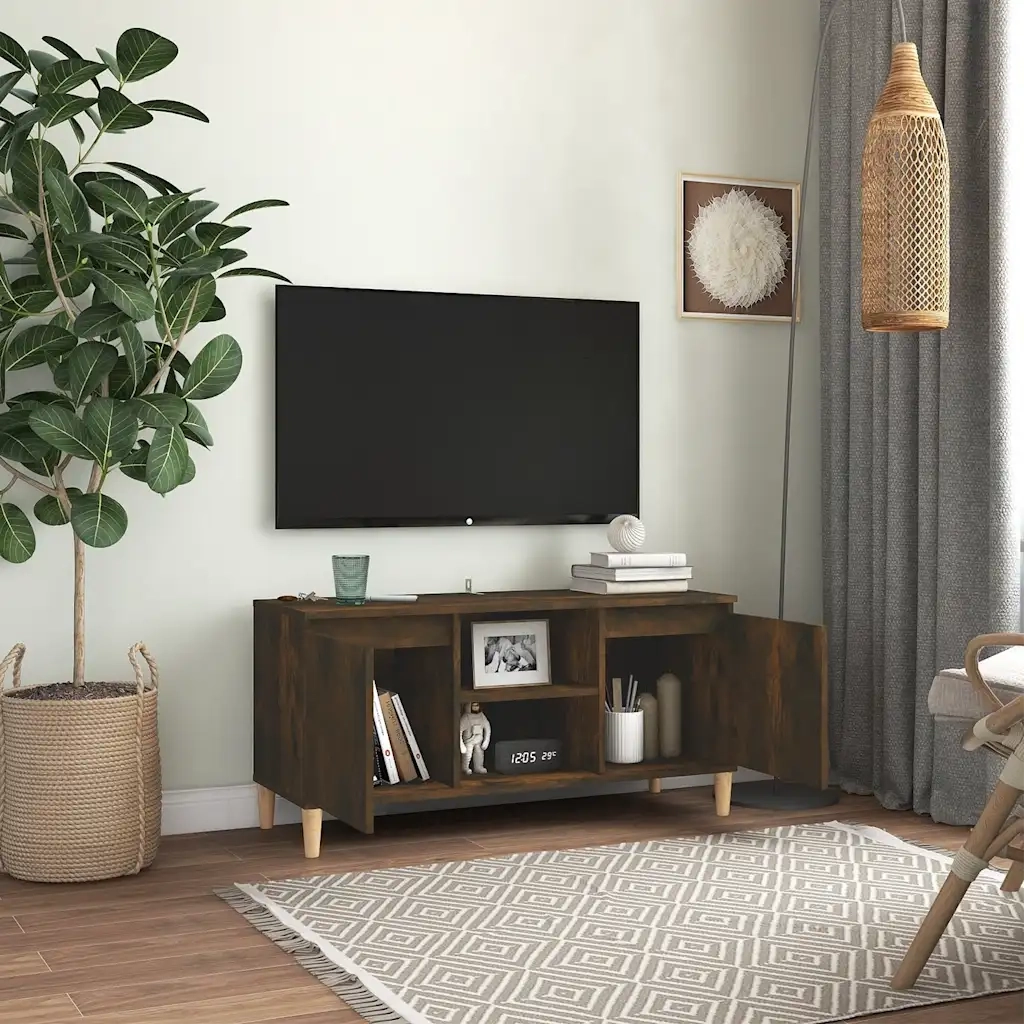 Mobile TV con Gambe in Legno Massello Rovere Fumo 103,5x35x50cm 813158
