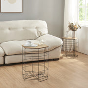 Set 'Hørsholm' da 2 Tavolini a Cestello in Misure Diverse 2 Tavolini Contenitori con Piano Esagonale Rimovibile Base in Metallo Nero Piano in Effetto Legno [en.casa]