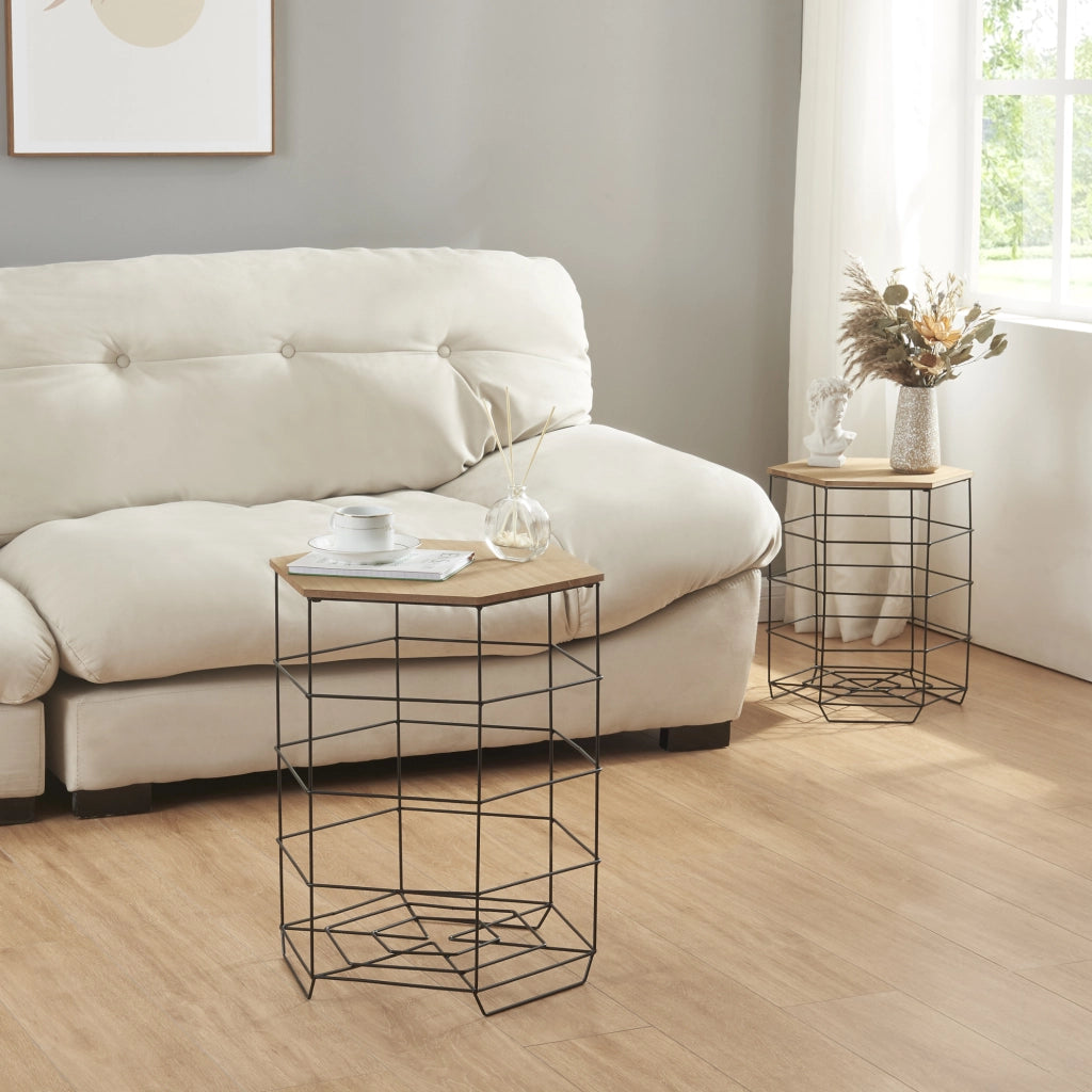 Set 'Hørsholm' da 2 Tavolini a Cestello in Misure Diverse 2 Tavolini Contenitori con Piano Esagonale Rimovibile Base in Metallo Nero Piano in Effetto Legno [en.casa]