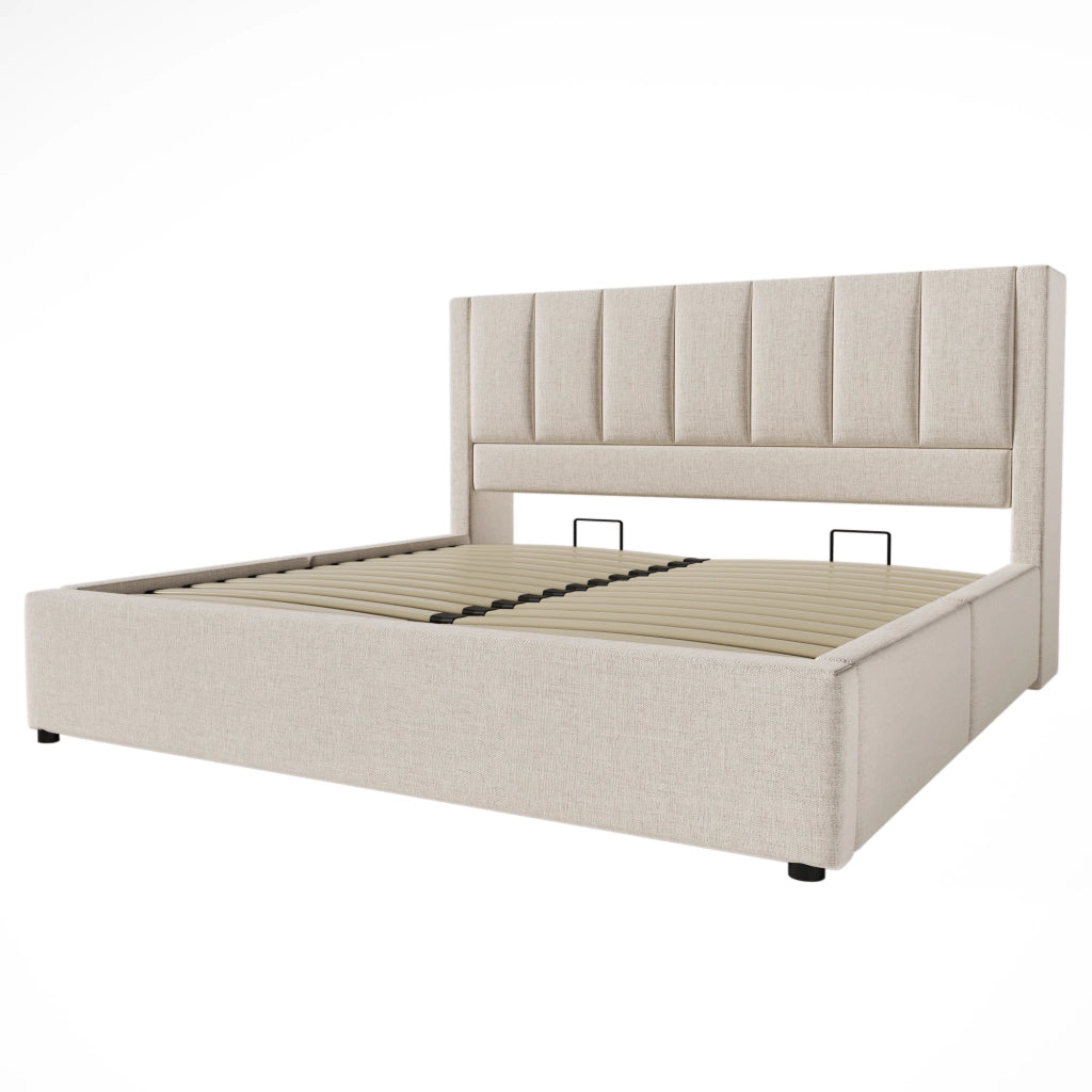 Letto imbottito 140x190 cm con contenitore, portabicchieri nascosto e stazione di ricarica USB-C, beige