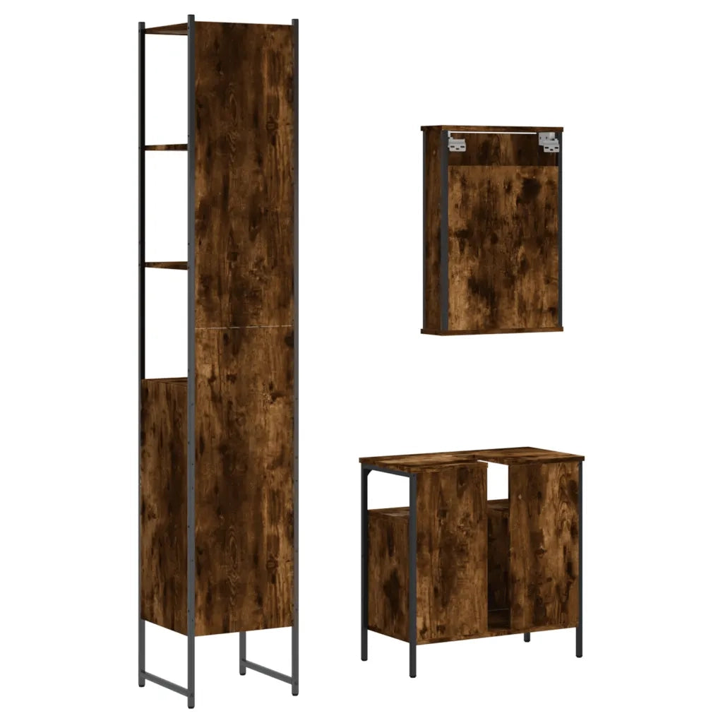 Set Mobili da Bagno | Armadio da bagno 3 pz Rovere Fumo in Legno Multistrato