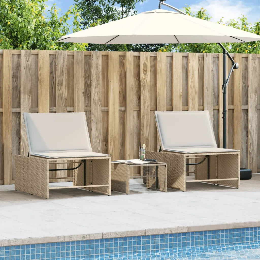 Lettini prendisole 2 pz con tavolo beige in polyrattan 368426