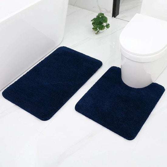 Set di tappeti da bagno, 2 pezzi di tappeto wc con fori, antiscivolo, lavabile, alta densità, tappeto da bagno, microfibra, set di tappeto da bagno - 50 x 60 cm + 50 x 80 cm, blu marino