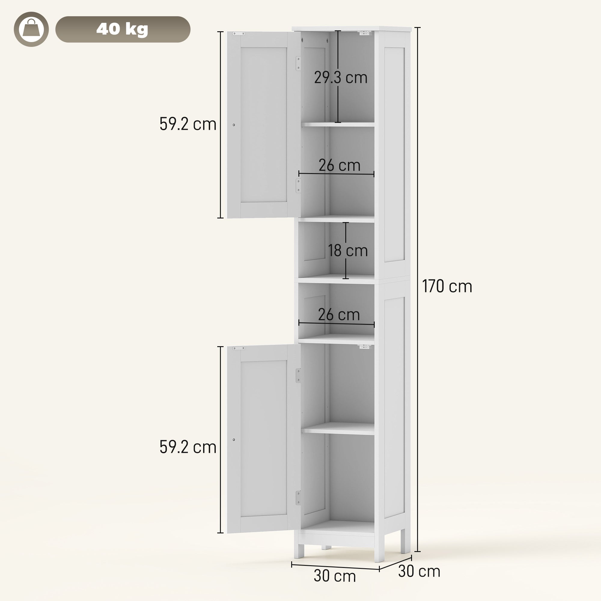 Mobile Alto a Colonna Bagno 30x30x170 cm con 2 Ripiani Aperti e 2 Armadietti in Legno Bianco