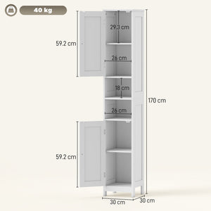 Mobile Alto a Colonna Bagno 30x30x170 cm con 2 Ripiani Aperti e 2 Armadietti in Legno Bianco